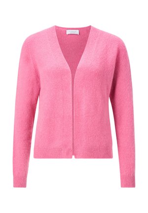Pink cardigan made of soft fabric with a v-neckline, open front, long sleeves, and ribbed cuffs and hem.