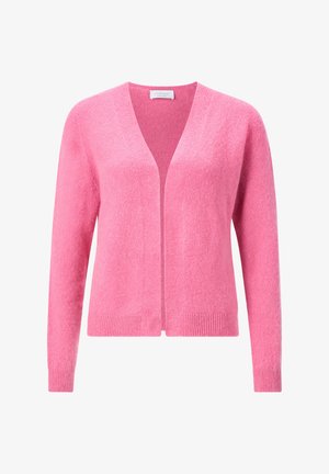 Pink cardigan made of soft fabric with a v-neckline, open front, long sleeves, and ribbed cuffs and hem.