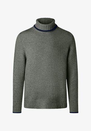 Szary sweter z dzianiny z golfem, z prążkowanymi mankietami i krawędzią dolną, z subtelnym ciemnym obszyciem na kołnierzu i krawędziach rękawów.