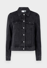 Black denim jacket with a collar, front button closure, two chest pockets, and long sleeves. Features silver hardware and a structured fit.