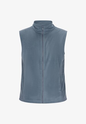 Chaleco de forro polar en un suave azul apagado con un alto cuello y cremallera frontal completa. Cortado sin mangas; textura suave en toda su superficie.