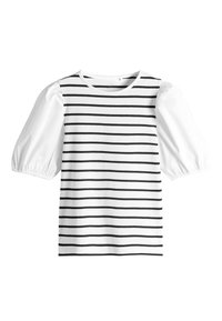 Haut blanc à manches courtes avec des rayures horizontales noires sur le corps et des manches bouffantes blanches unies avec poignets élastiques.