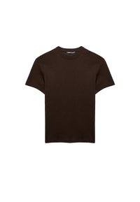 Brun kortærmet t-shirt lavet af ribbet stof, med en rund halsudskæring og en afslappet pasform. Ingen grafik eller mønstre til stede.