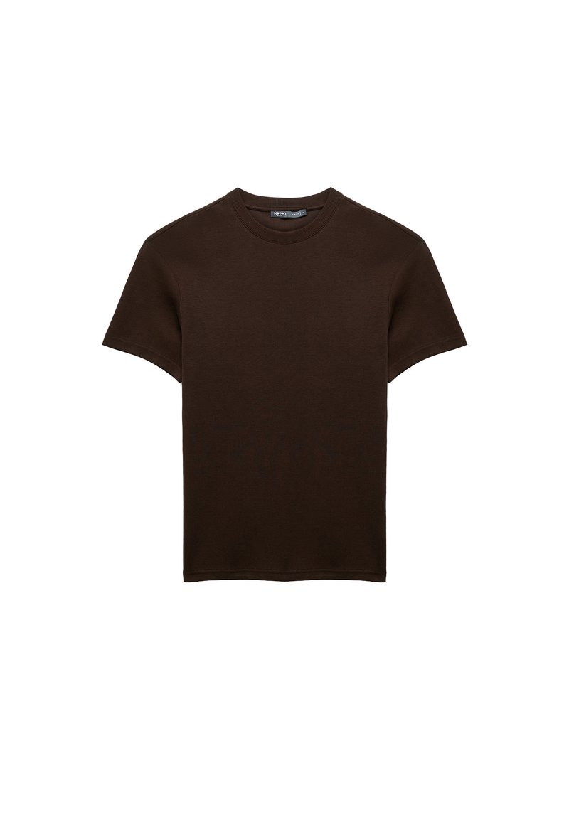 Brun kortærmet t-shirt lavet af ribbet stof, med en rund halsudskæring og en afslappet pasform. Ingen grafik eller mønstre til stede.