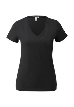 Camiseta de manga corta con cuello en V para mujer negra, con silueta ajustada y una pequeña etiqueta de la marca en el interior del cuello.