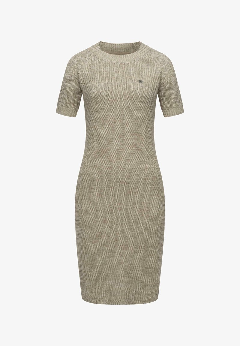 Švelnius bežinės spalvos megztinis su tekstūruotu paviršiumi, trumpomis rankovėmis, apvaliu iškirpimu ir logotipo detale ant krūtinės. Prigludusi siluetas.