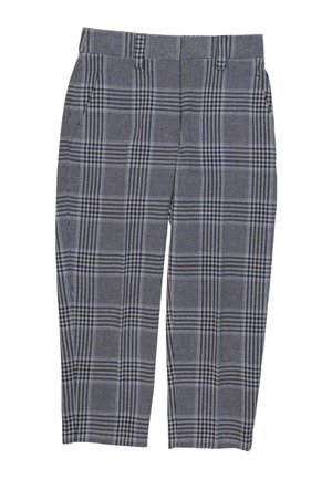 Pantalon gris à jambes droites avec un motif à carreaux noir et blanc et des passants de ceinture, posé à plat sur un fond blanc.