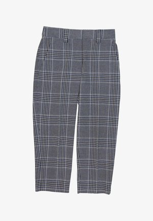 Pantalon gris à jambes droites avec un motif à carreaux noir et blanc et des passants de ceinture, posé à plat sur un fond blanc.