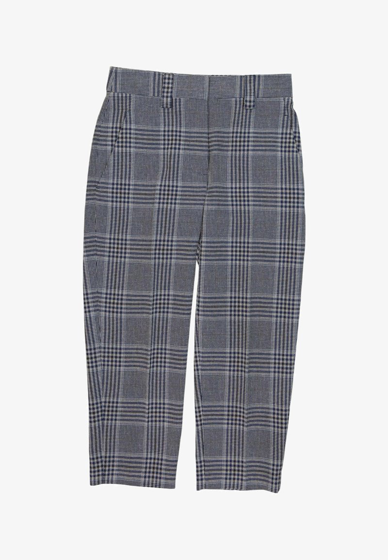 Pantalon gris à jambes droites avec un motif à carreaux noir et blanc et des passants de ceinture, posé à plat sur un fond blanc.