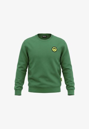 Felpa verde a maniche lunghe con scollo rotondo, con un piccolo logo di zampa giallo e nero sul petto a sinistra e un'etichetta del marchio sul lato.