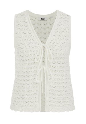 Valge heegeldatud varrukateta vest sillerdava äärega ja kahe ees oleva lipsukinnitusega, millel on V-kaelusega disain.