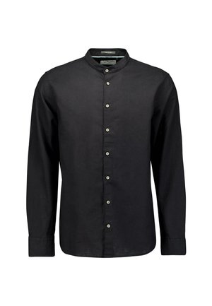 Zwarte lange mouwen shirt met een mandarin kraag, voorzien van een knoopsluiting aan de voorkant en een zachte textuur, geschikt voor casual of semi-formele ocasiën.