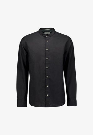Zwarte lange mouwen shirt met een mandarin kraag, voorzien van een knoopsluiting aan de voorkant en een zachte textuur, geschikt voor casual of semi-formele ocasiën.