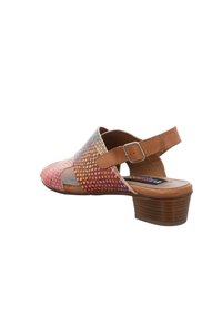 Leather slingback shoe featuring a patterned textile upper in orange and yellow tones, a closed toe, and a medium block heel.
