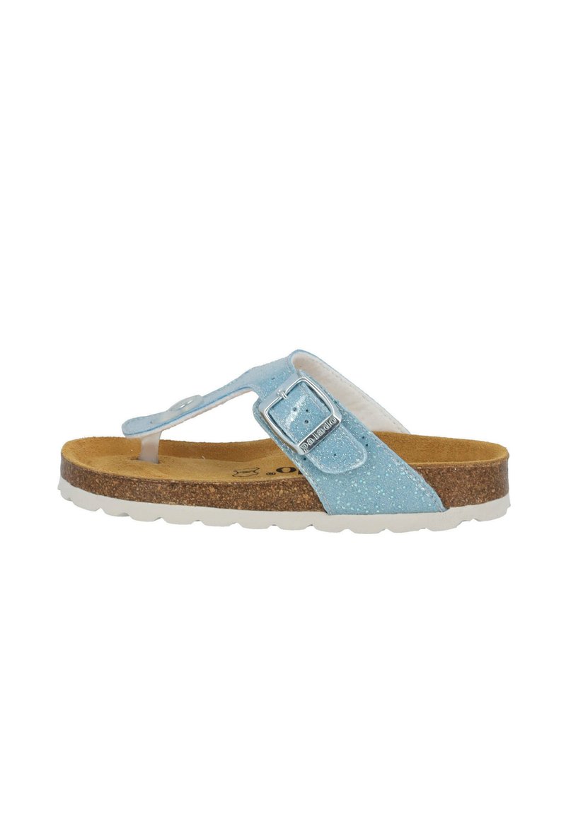 Helle blaue Glitzer-Sandale mit einem Zehenriemen und verstellbarem Schnallenverschluss. Korkfußbett und weiße Gummisohle. Glattes Material und komfortables Design.