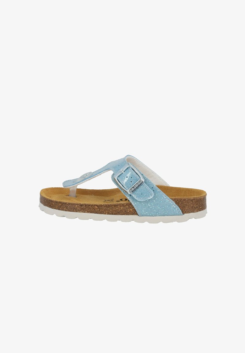 Helle blaue Glitzer-Sandale mit einem Zehenriemen und verstellbarem Schnallenverschluss. Korkfußbett und weiße Gummisohle. Glattes Material und komfortables Design.