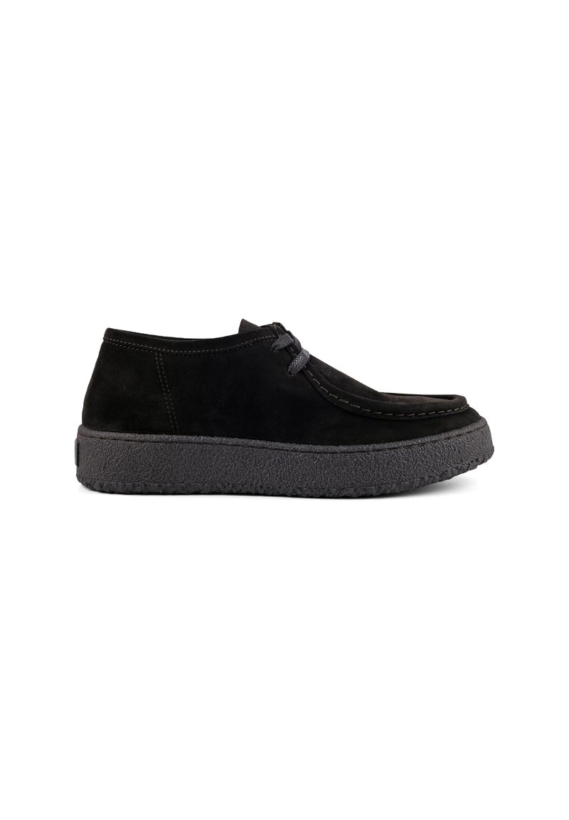 Black suede shoes with a textured black rubber sole, round toe, and laces; stitching accents along the edges enhance the design.
