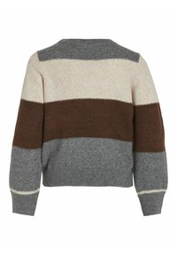 Sweter dzianinowy z wzorem w blokach kolorystycznych w odcieniach beżu, brązu i szarości, okrągłym dekoltem oraz ściągaczami na końcach.