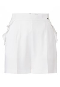 Shorts blancs taille haute en tissu lisse, avec un design plissé, des poches latérales et un petit détail en métal sur la ceinture.
