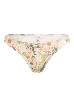 Blumenbikiniunterteil mit weißem Grund, das mit rosa, grünen und beigen Blumenmustern verziert ist. Hergestellt aus dehnbarem Stoff mit glatter Textur.