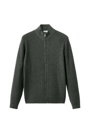Maglione grigio a coste con colletto alto e chiusura a zip frontale. Maniche lunghe e silhouette aderente. Texture morbida e design semplice.