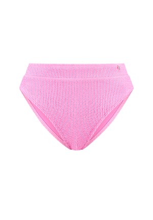 High-waisted bikini bottom in textured pink fabric, featuring a smocked design, and a solid inner lining for comfort.