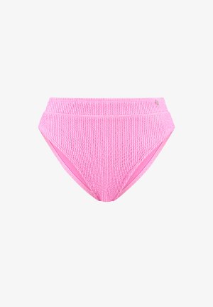 High-waisted bikini bottom in textured pink fabric, featuring a smocked design, and a solid inner lining for comfort.