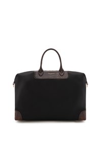 Sac de sport noir avec un extérieur en tissu lisse, des accents en cuir à motif crocodile marron, deux poignées et une ouverture zippée.