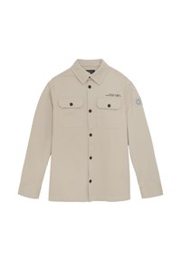 Beige overhemd met lange mouwen van textuurstof, met een knoopsluiting aan de voorkant, twee borstzakken en een patch op de linkerarm.
