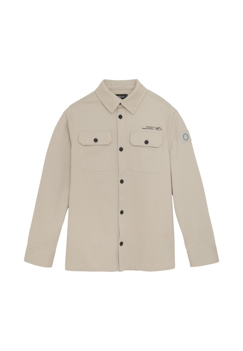 Beige overhemd met lange mouwen van textuurstof, met een knoopsluiting aan de voorkant, twee borstzakken en een patch op de linkerarm.