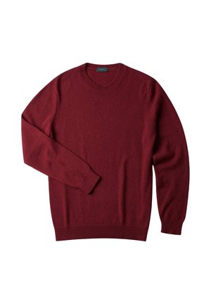 Burgundy knitted sweater with a round neck, long sleeves, and ribbed cuffs. Smooth texture, casual design, no notable patterns.