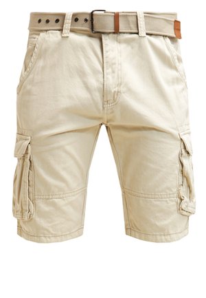 Beige cargo shorts made of cotton with a relaxed fit, featuring large side pockets and a textured woven belt. Durable and casual design.