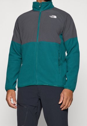 Muž nosící tyrkysově zelenou a tmavě šedou fleecovou bundu na zip s logem The North Face na hrudi, spárovanou s černými kalhotami.