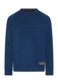 Temno modra majica s kapuco z okroglim izrezom, raglan rokavi in teksturirano tkanino. Ima tiskane podrobnosti spredaj in oznako na spodnjem robu.