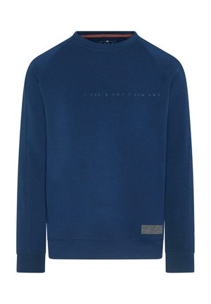 Sweatshirt bleu marine avec un col rond, des manches raglan et un tissu texturé. Présente des détails imprimés sur le devant et une étiquette en bas de l'ourlet.