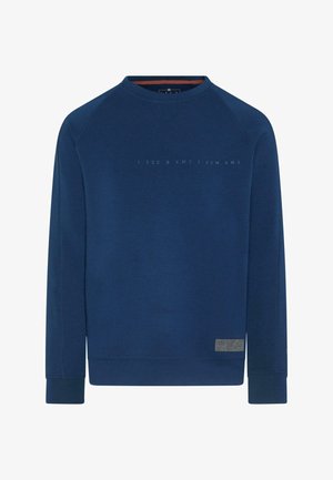 Sudadera azul marino con cuello redondo, mangas raglán y tejido texturizado. Presenta detalles impresos en la parte delantera y una etiqueta en el dobladillo inferior.