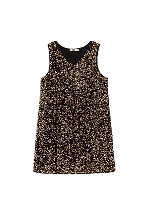Vestido negro sin mangas completamente cubierto de lentejuelas doradas brillantes con escote en V y dobladillo recto.