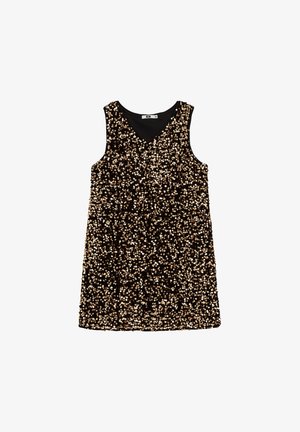 Vestido negro sin mangas completamente cubierto de lentejuelas doradas brillantes con escote en V y dobladillo recto.