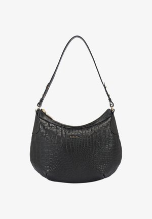 Black leather handbag with a crocodile pattern, zip closure, and a smooth strap. Features gold-tone hardware and a rounded shape.