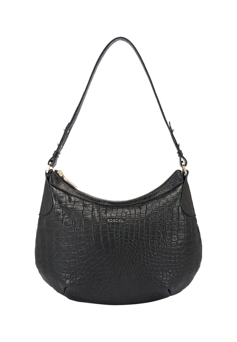 Sac à main en cuir noir avec un motif crocodile, fermeture éclair et une bandoulière lisse. Caractérisé par du matériel doré et une forme arrondie.