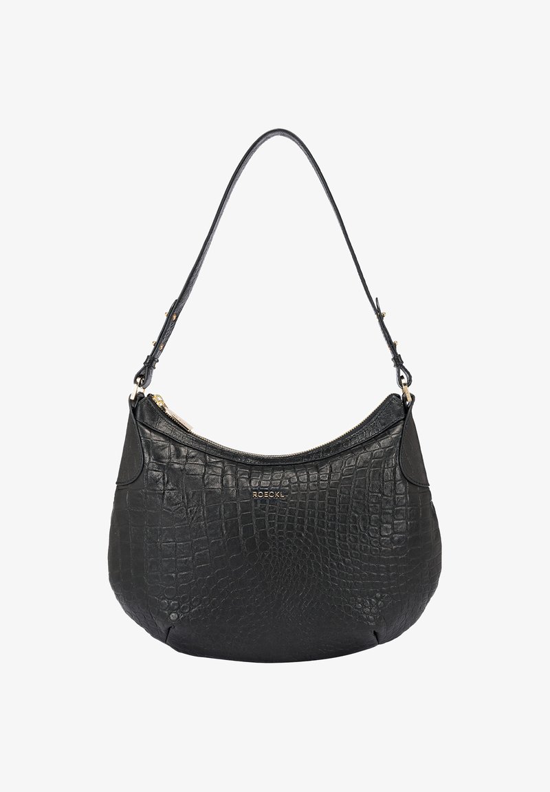 Sac à main en cuir noir avec un motif crocodile, fermeture éclair et une bandoulière lisse. Caractérisé par du matériel doré et une forme arrondie.