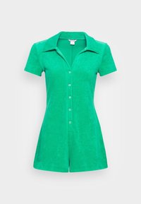 Zielony kombinezon z frotté z kołnierzykiem, krótkimi rękawami i zapięciem na guziki z przodu. Posiada dopasowany krój i teksturowaną tkaninę.