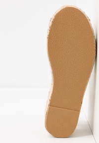 Semelle d'une espadrille beige avec un dessous en caoutchouc texturé, inclinée contre un mur et un sol blancs.