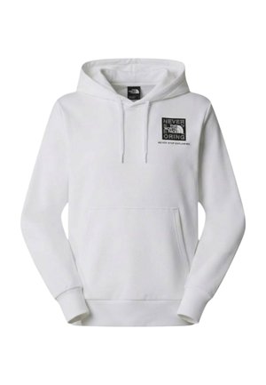 Felpa bianca con cappuccio, tasca frontale e logo nero sul petto sinistro con la scritta "The North Face Never Stop Exploring."