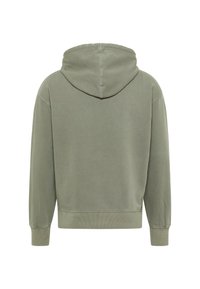 Sweatshirt à capuche vert olive avec une texture douce, doté d'une poche kangourou, de poignets et d'un ourlet côtelés, vu de l'arrière.