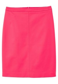 Jupe rose ajustée en tissu lisse, dotée d'une couture centrale et d'une fermeture éclair dissimulée à l'arrière.