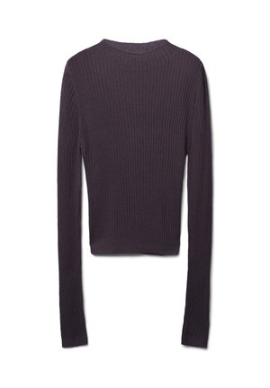 Maglia lunga a maniche con coste viola, con collo tondo, caratterizzata da una vestibilità aderente e un tessuto testurizzato. Il design è minimalista e ben strutturato.