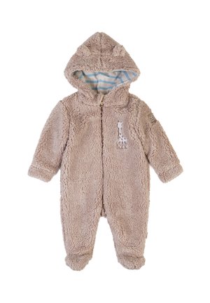 Weicher beigefarbener Baby-Jumpsuit mit Kapuze, durchgehendem Reißverschluss vorne, Bärenohren an der Kapuze, gestreiftem blauem Innenfutter und kleinem Giraffen-Aufnäher auf der Brust.