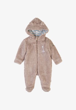 Blød beige heldragt til baby med hætte og lynlås foran, bamseører på hætten, stribet blå foer og lille giraf-patch på brystet.