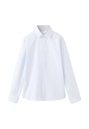 Chemise habillée à manches longues bleu clair avec de fines rayures verticales, patte de boutonnage, col classique et poignets boutonnés.